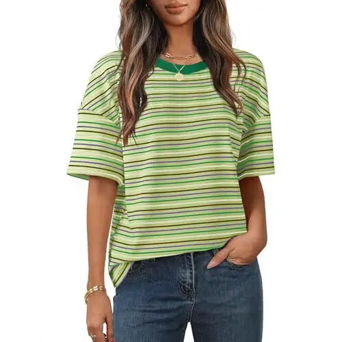 Women T-shirt Round Neck Color Block Stripe Print Daily Casual Loose Fit Soft Fabric Summer Basic Short Sleeve Tops
