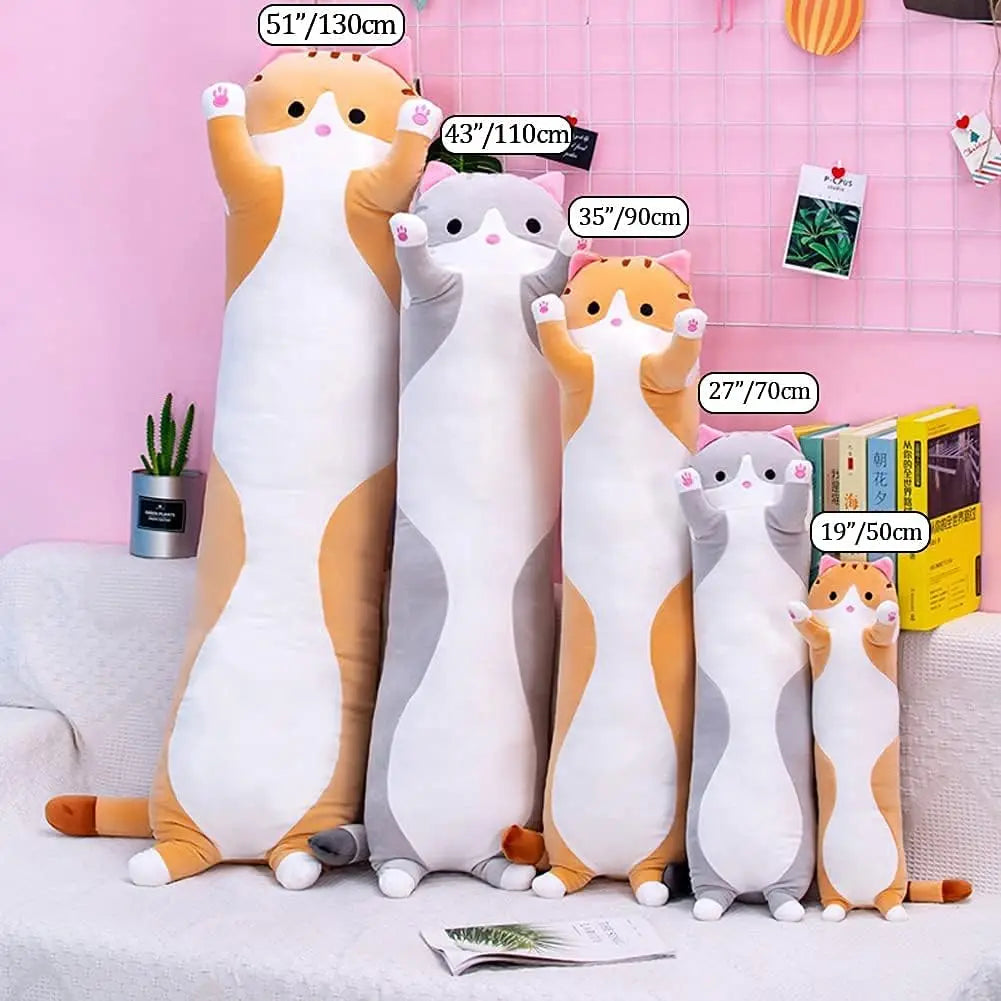 Cute Cat Plush Long Body Pillow, Soft Stuffed Animal Doll for Kids Girls, Gray 19 Inches