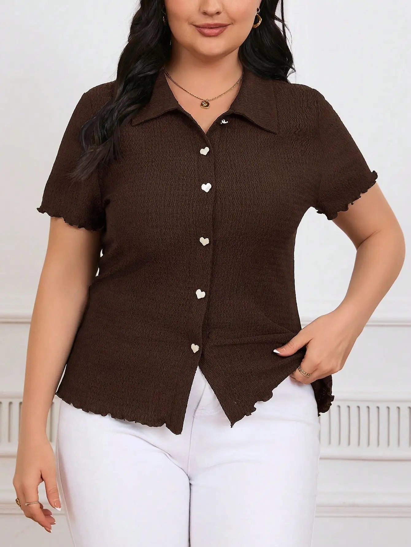 Striped Button Front Polo Shirt Short Sleeve Casual Office Elegant Women's Top