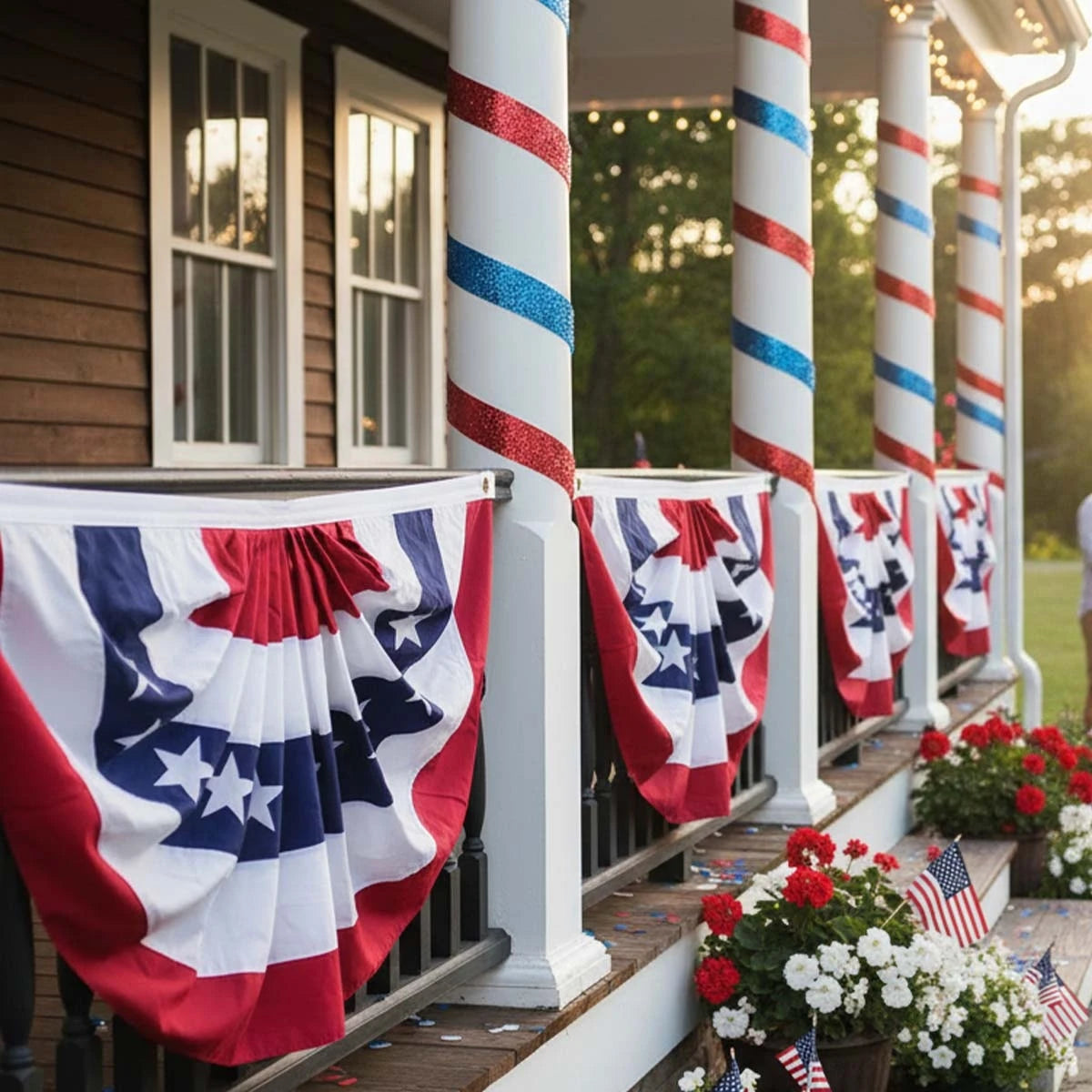 2pcs USA Pleated Half Fan Bunting Flags, 35x17.7" Heavy Duty American Flag for July 4th, Outdoor Porch Railing & Memorial Day