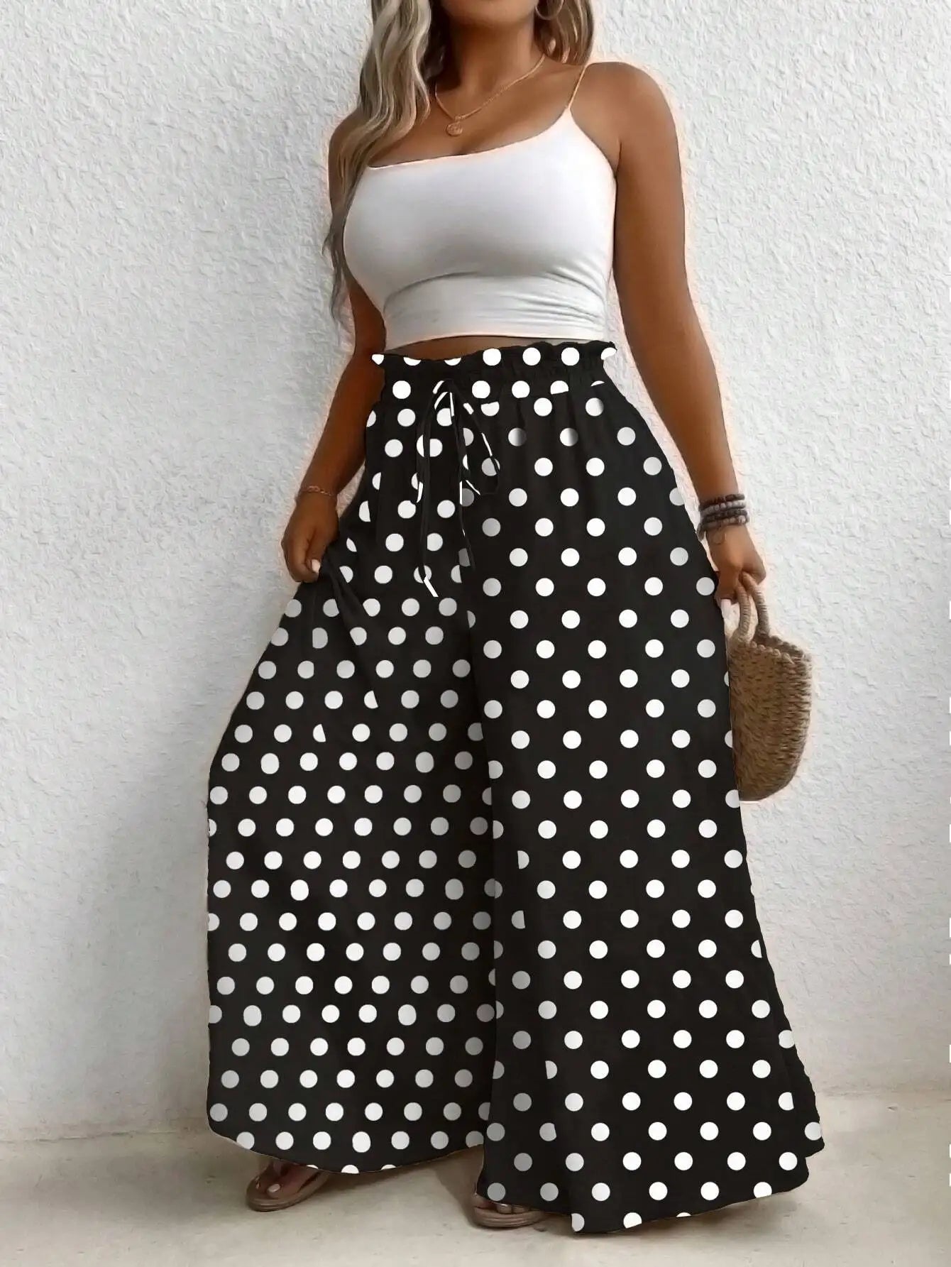 Plus Size Women's Clothing Loose Comfortable Commuting Casual Style Summer Printed Long Pants Elastic Waist Drawstring Draped Wide Leg Pants