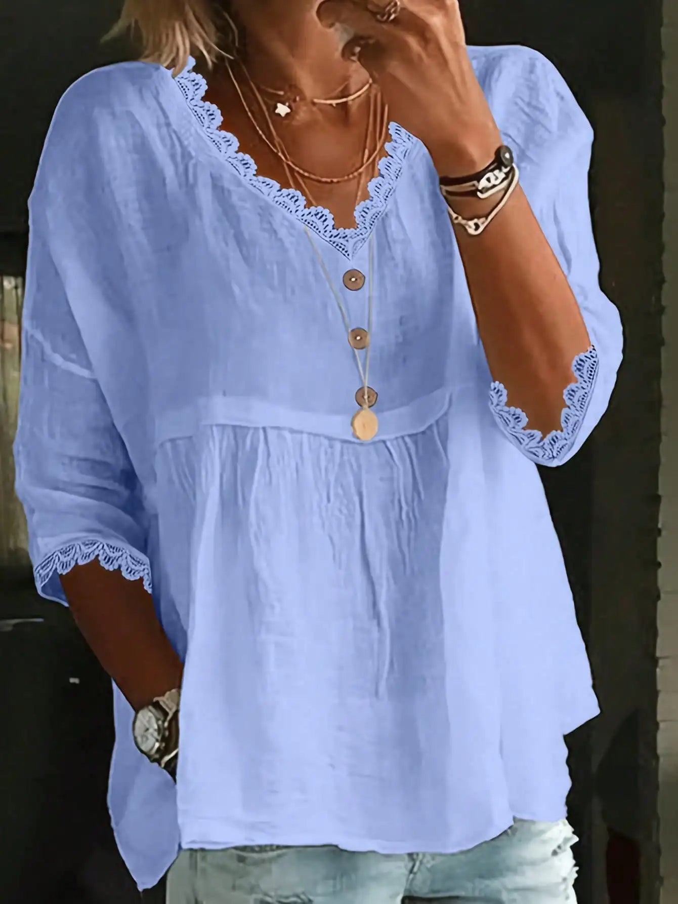 Women's Casual V-Neck Lace Trim Blouse Solid Color Lightweight Woven Top