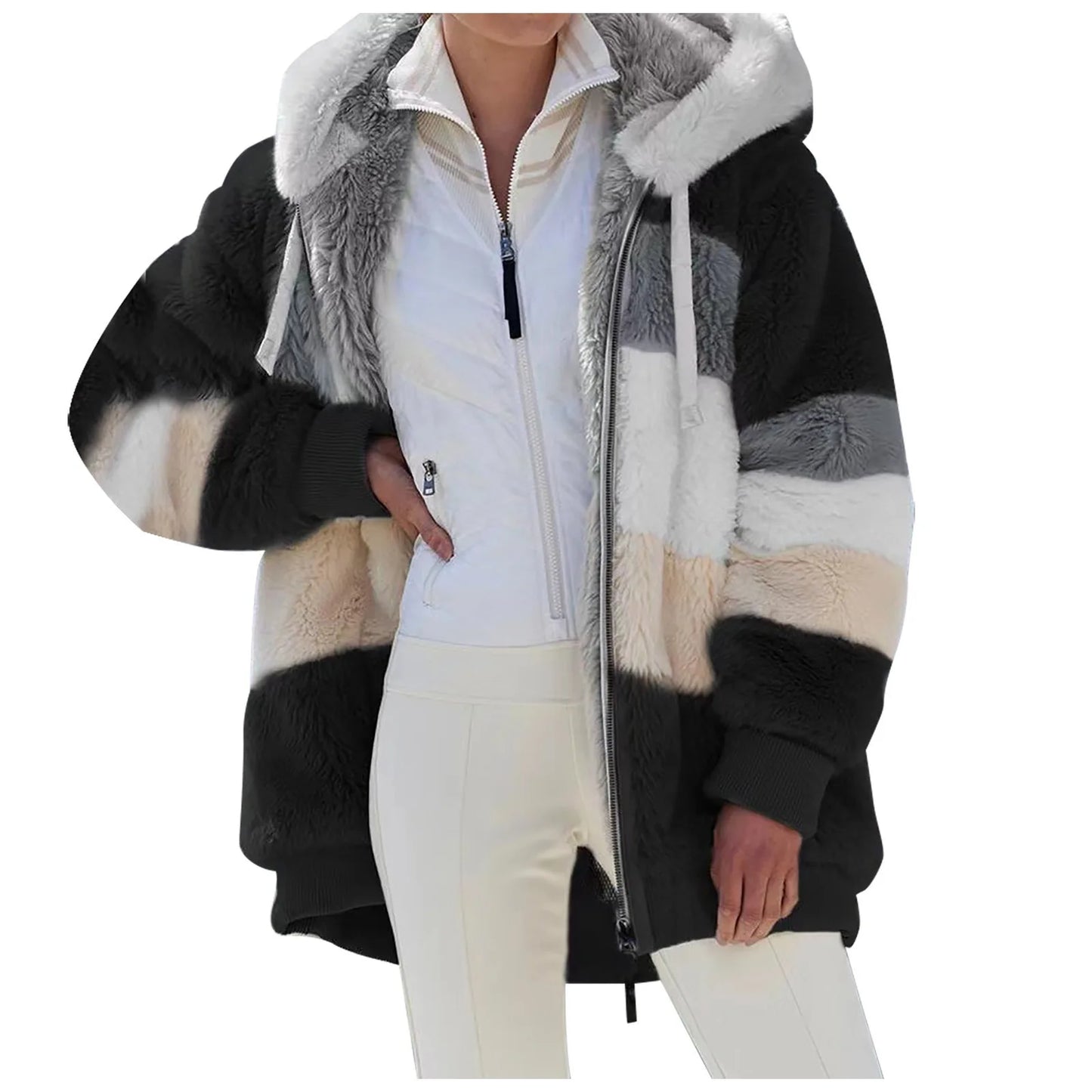 Winter and autumn warm plush quilted zipper pocket hooded loose-fitting women's coat