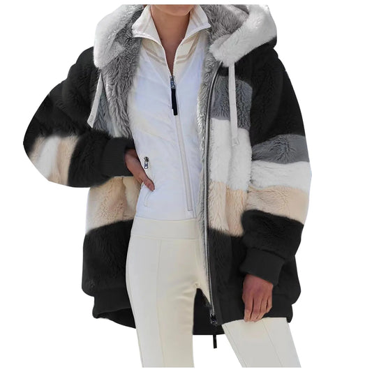 Winter and autumn warm plush quilted zipper pocket hooded loose-fitting women's coat