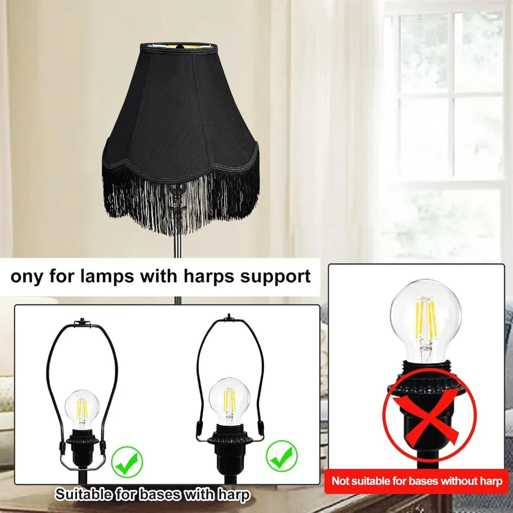 Handcrafted Black Bell Lamp Shades for Table and Floor Lamps, 6x13x9.25 Inches, Scalloped Fringe, Easy Assembly