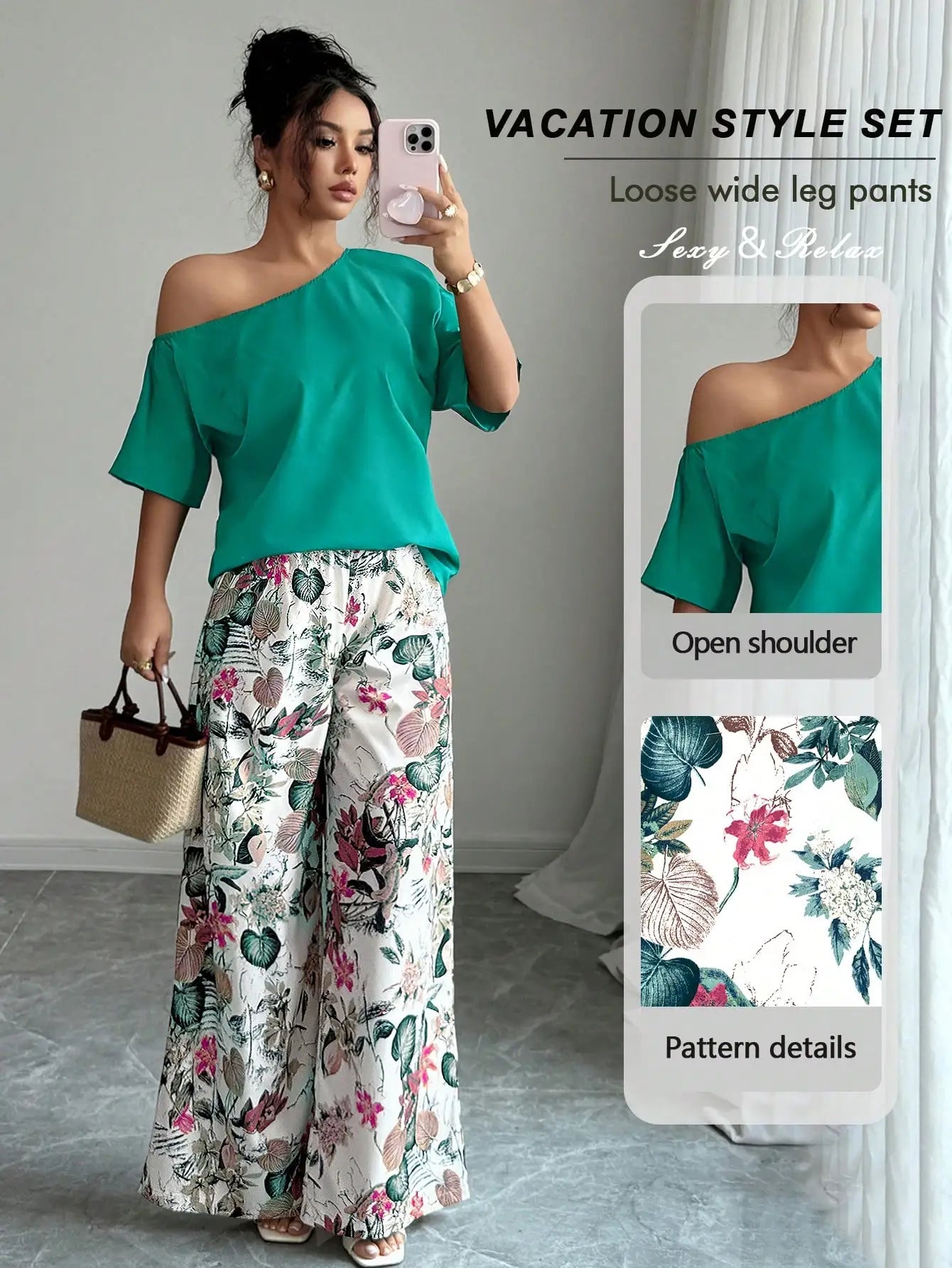 Vacation Style 2pcs Set Women Asymmetrical Neck Blouse Floral Wide Leg Pants