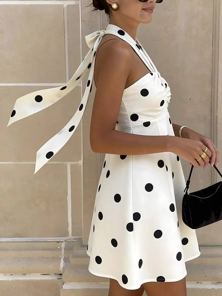 Womens Polka Dot Halter Neck Sleeveless A-Line Mini Dress Casual Yellow