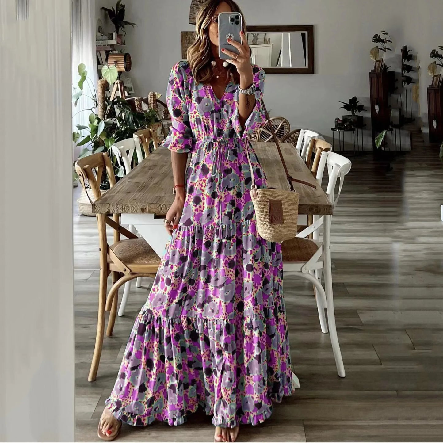 Women's Summer New Fashionable Printed Sexy V-neck Long Sleeve High Waist Elastic Waist Medium Length Bohemian Dresses