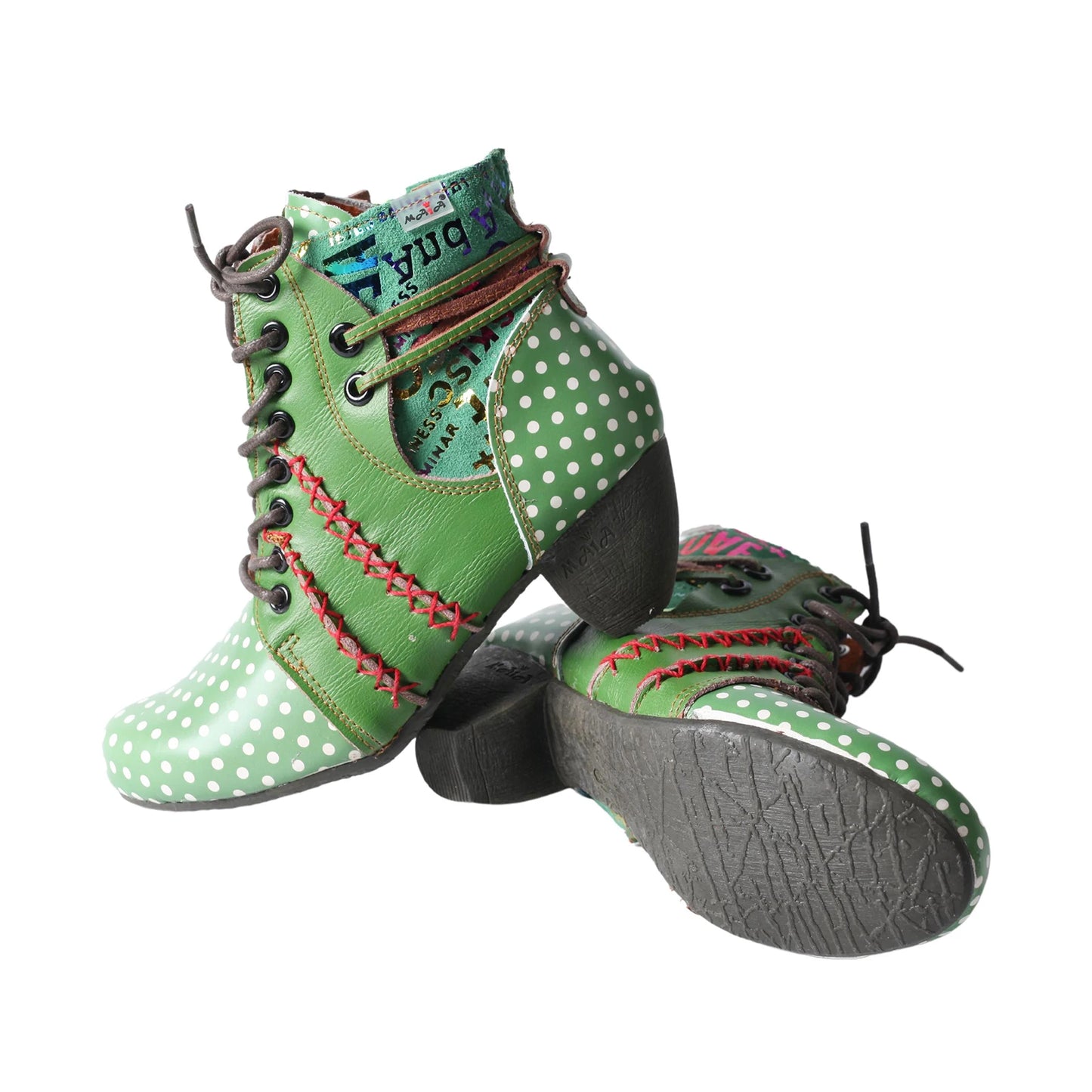 TMA EYES Women's Retro Polka Dot Mid Heel Boots Spring Autumn Winter Fashion Patchwork Chunky Heel Side Zipper Ankle Boots
