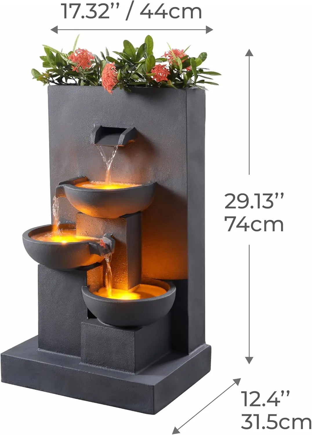 29.13" 3-Tier Cascading Outdoor Water Fountain with Planter, LED Lights for Outdoor Living Spaces, Matte Gray