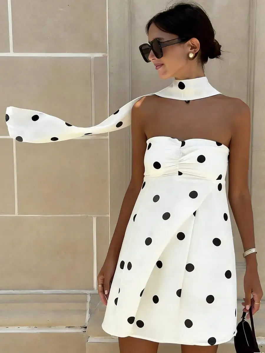 Womens Polka Dot Halter Neck Sleeveless A-Line Mini Dress Casual Yellow