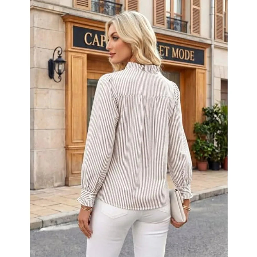 Blooming Jelly Blouses for Women Dressy Casual Striped Long Sleeve Shirts Ruffle V Neck Tops Summer Business Outfits