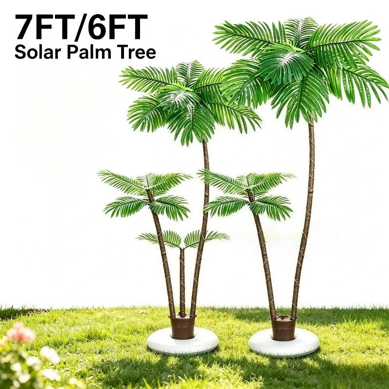 Solar-Powered LED Palm Tree Decor – 6 ft or 7 ft Artificial Tropical Tree with 8 Light Modes, Weather-Resistant Outdoor Decorati