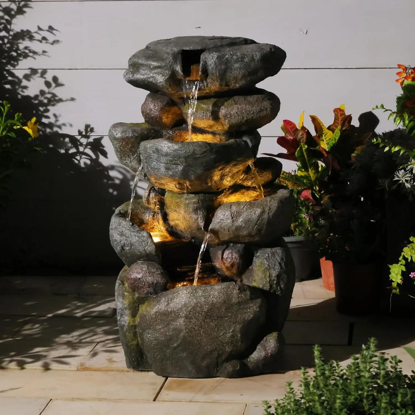 40in 5-Tier Tree Trunk Outdoor Water Fountain LED Garden Patio Backyard Decor, Customized