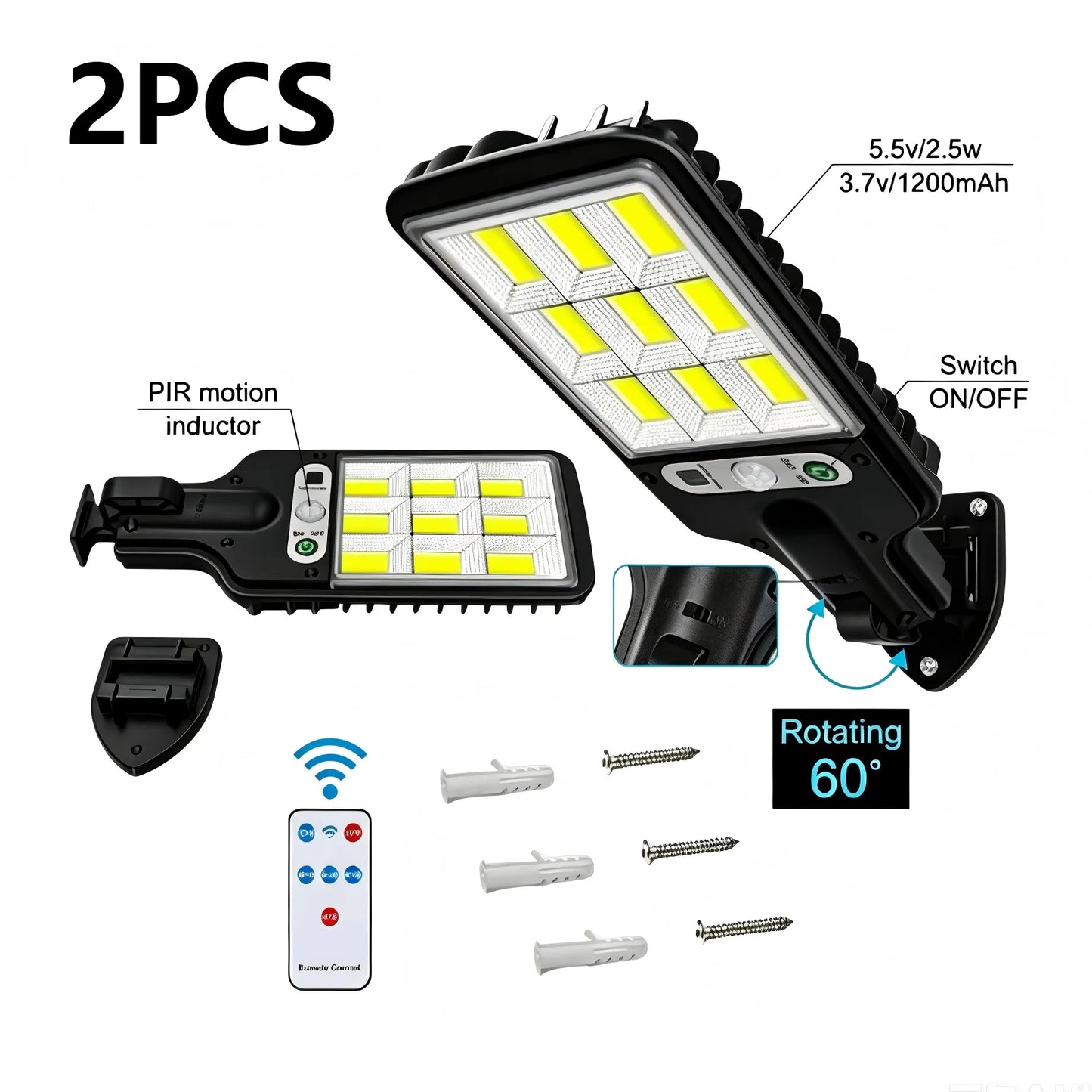 2PCS Solar LED Wall Lights Outdoor Motion Sensor Waterproof 3 Modes Garden Courtyard Garage Street Lighting