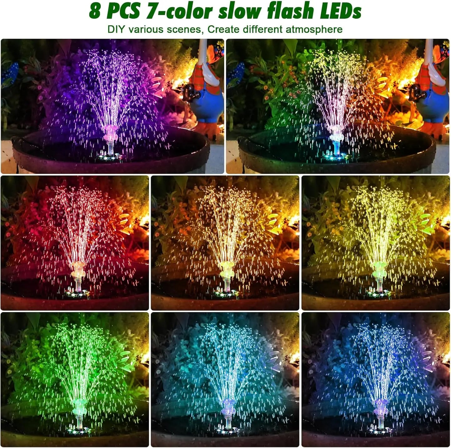 10W Solar Water Fountain with Colorful LED Light 4400mAh Rechargeable Battery Remote Control Solar Fountain Pump with 16 Nozzles