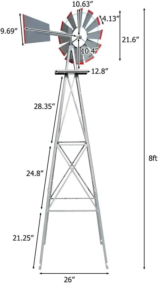 8FT Ornamental Windmill Backyard Garden Weather Vane Heavy Duty Metal 4 Legs Grey