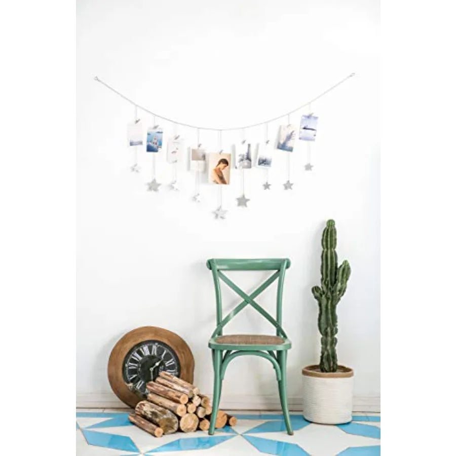 Hanging Photo Display Boho Decor Wooden Stars Garland with Metal Chains, Pictures Cards Holder with 25 Wood Clips, Wall Art for