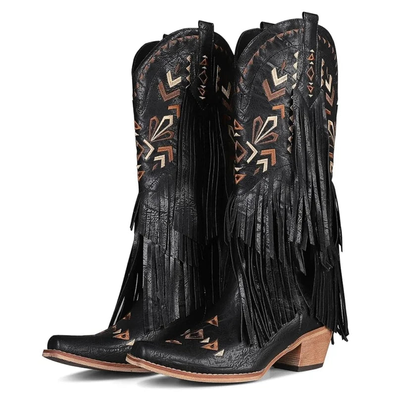 Women's Cowboy Boots Burgundy Pointed Toe Chunky Heel Cowboy Boots Wide Calf Knee High Boots Festival Shoes Country Concert Combat Boots For Women