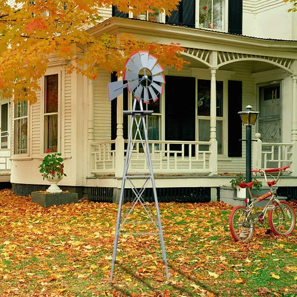 8FT Ornamental Windmill Backyard Garden Weather Vane Heavy Duty Metal 4 Legs Grey