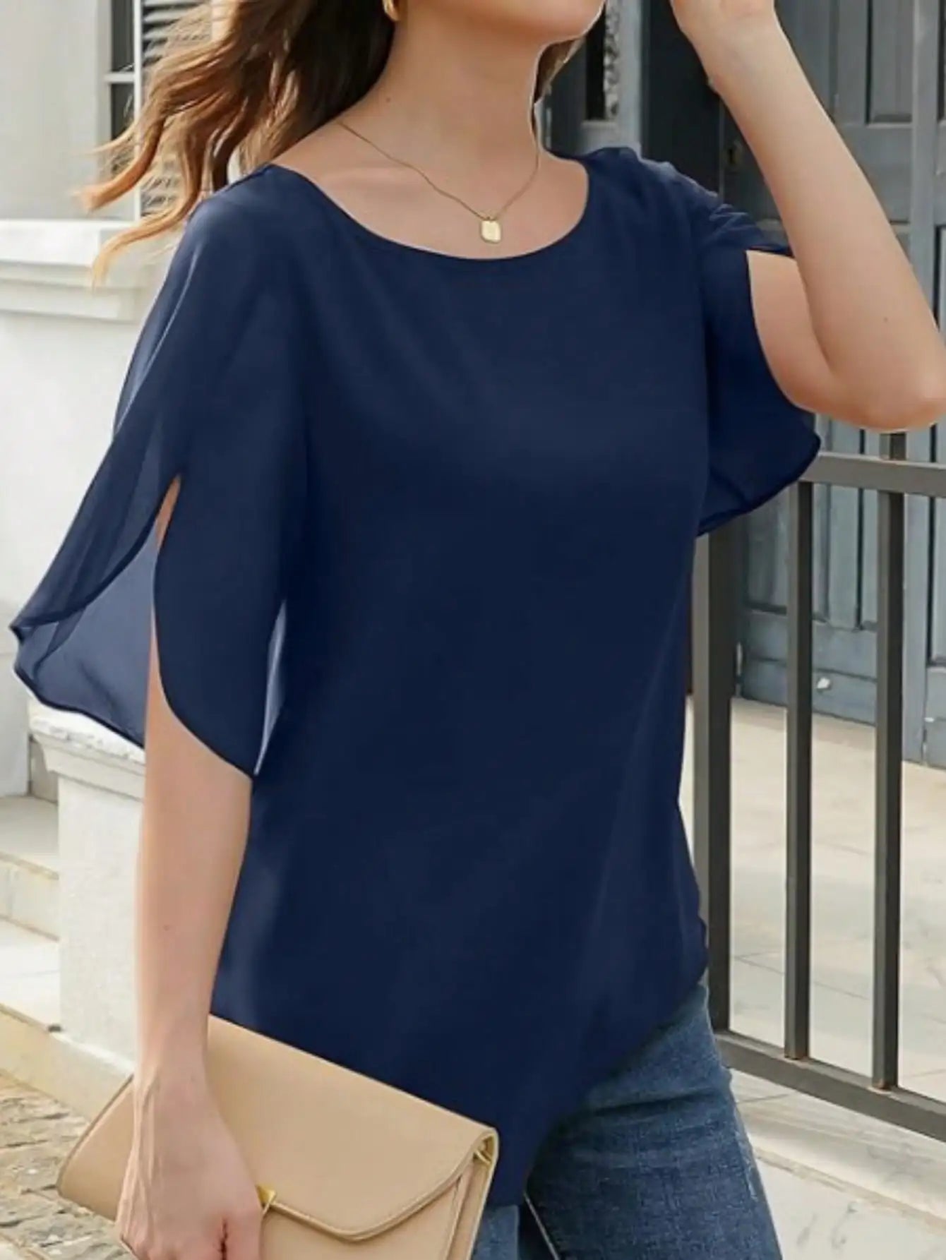 Women's Summer Solid Color Round Neck Short Sleeve Loose Blouse