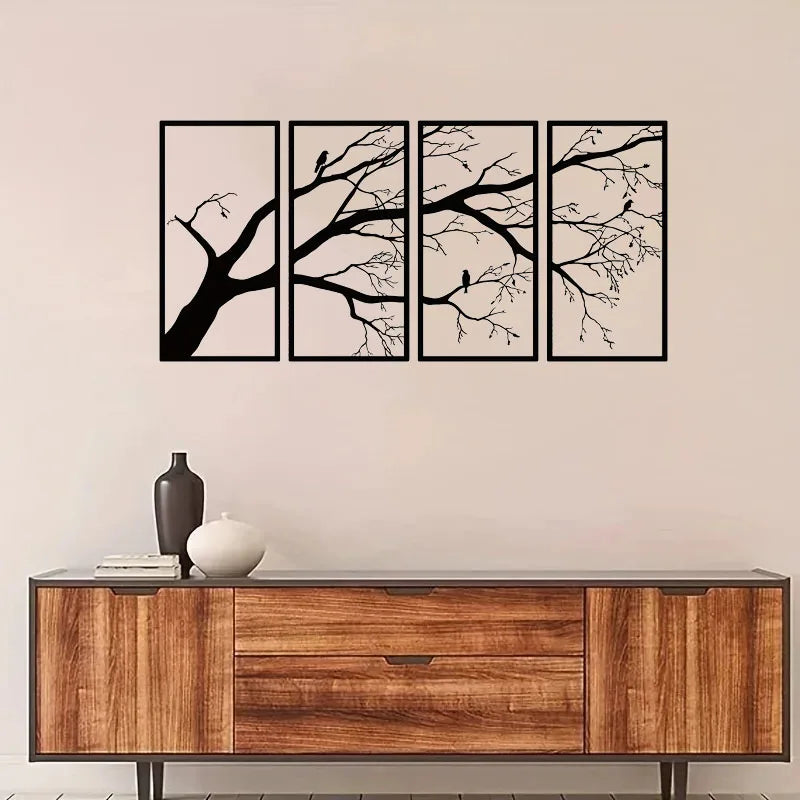 Luxury Black Tree of Life Metal Wall Art Decor Set of 4 - Iron Sculpture for Home Garden Decor