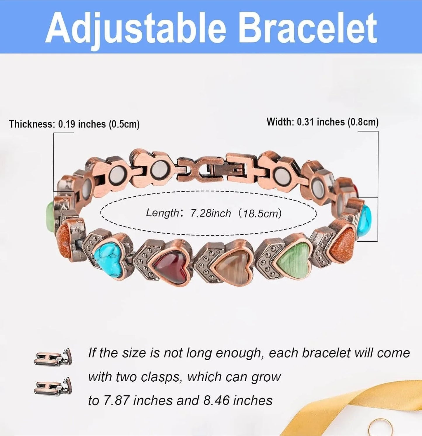 Pure Copper Bracelets for Women, Ultra Strength Magnetic Bracelet with 3800 Gauss Magnets & Natural Turquoise & Stones, Adjustable, Jewelry Gift