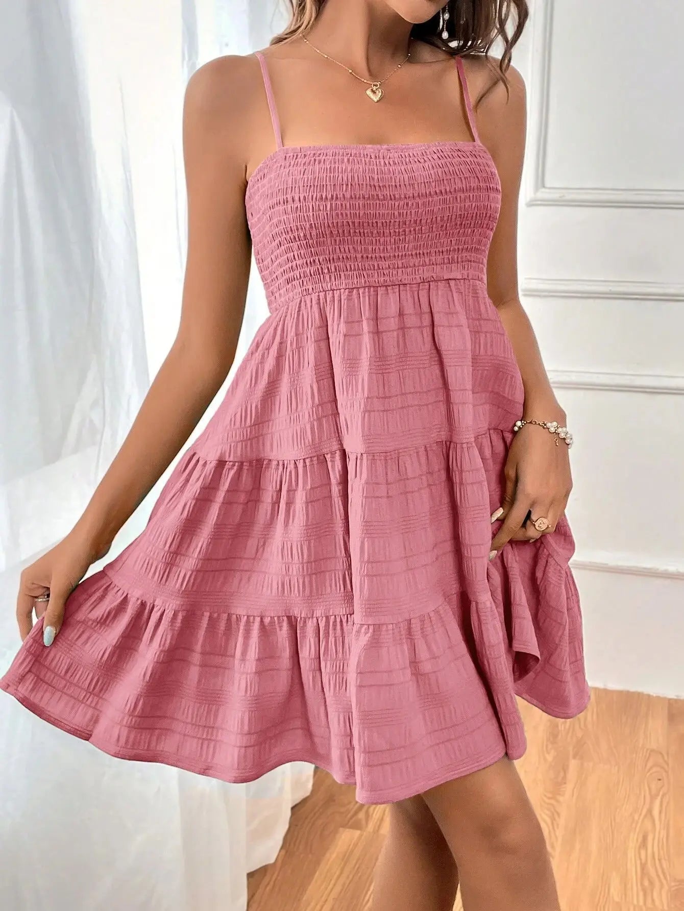 Women's Fashion Cami Ruched Strapless Mini Dress, Blue Ruffled Layered Hem, Summer Casual Off-Shoulder Thin Straps, Solid Color Versatile Textured Vacation Beach Dress