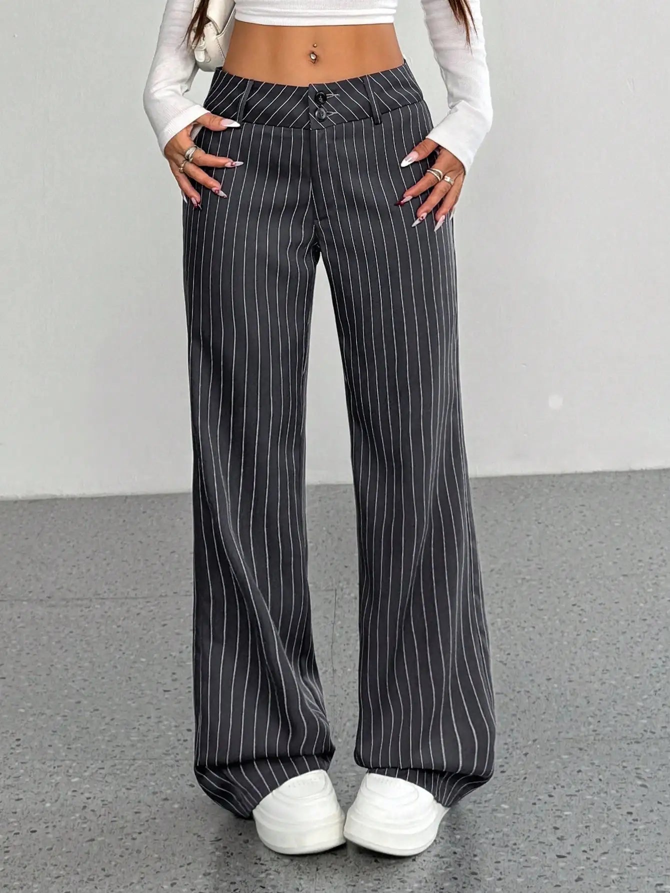 Women's Casual Striped Flare Pants High Waist Wide Leg Trousers