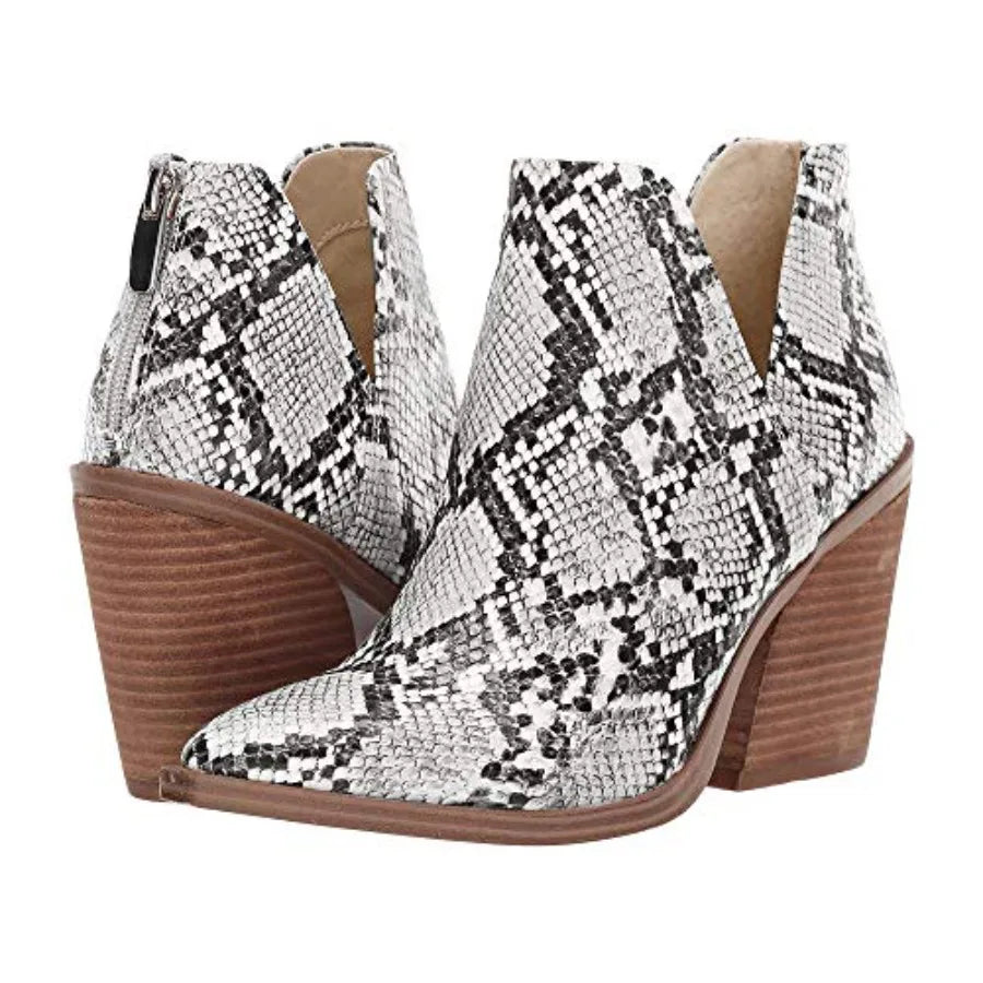 Kathemoi Womens Slip on Ankle Boots V Cutout Pointed Toe Chunky Stacked Mid Heel Booties