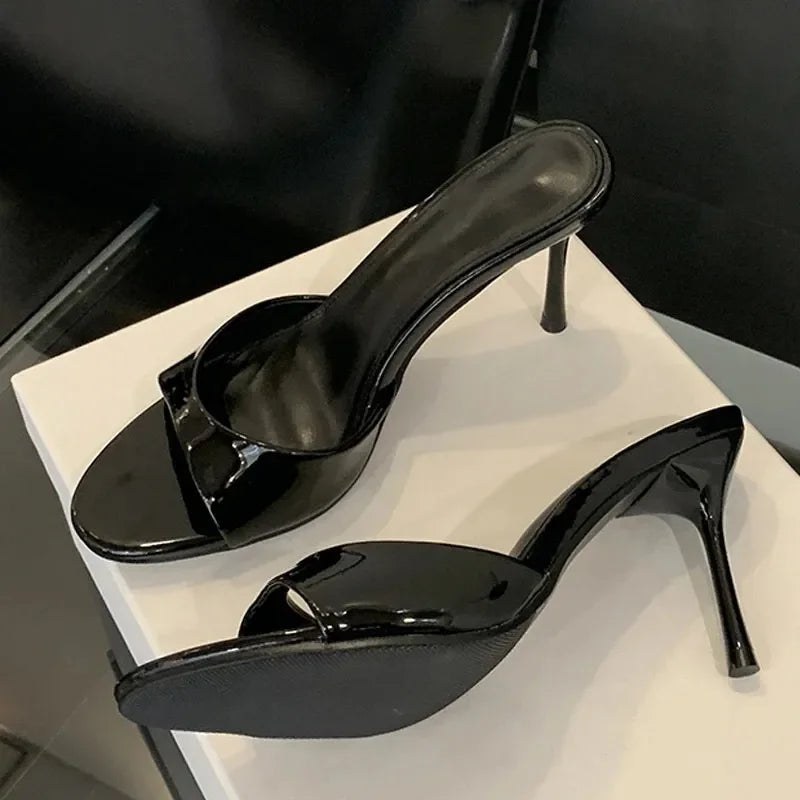 Liyke Wine Red Patent Leather Women Slippers Sandals Fashion Round Open Toe Thin High Heels Mules Slides Summer Party Dress Shoe