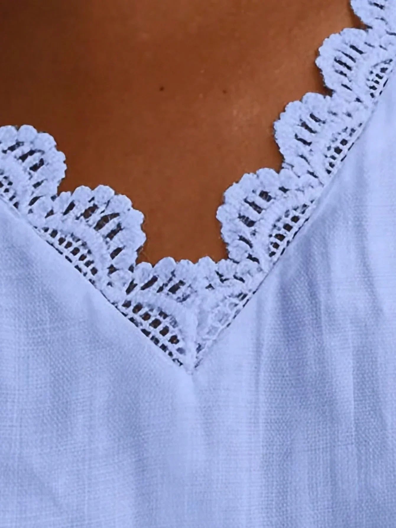 Women's Casual V-Neck Lace Trim Blouse Solid Color Lightweight Woven Top
