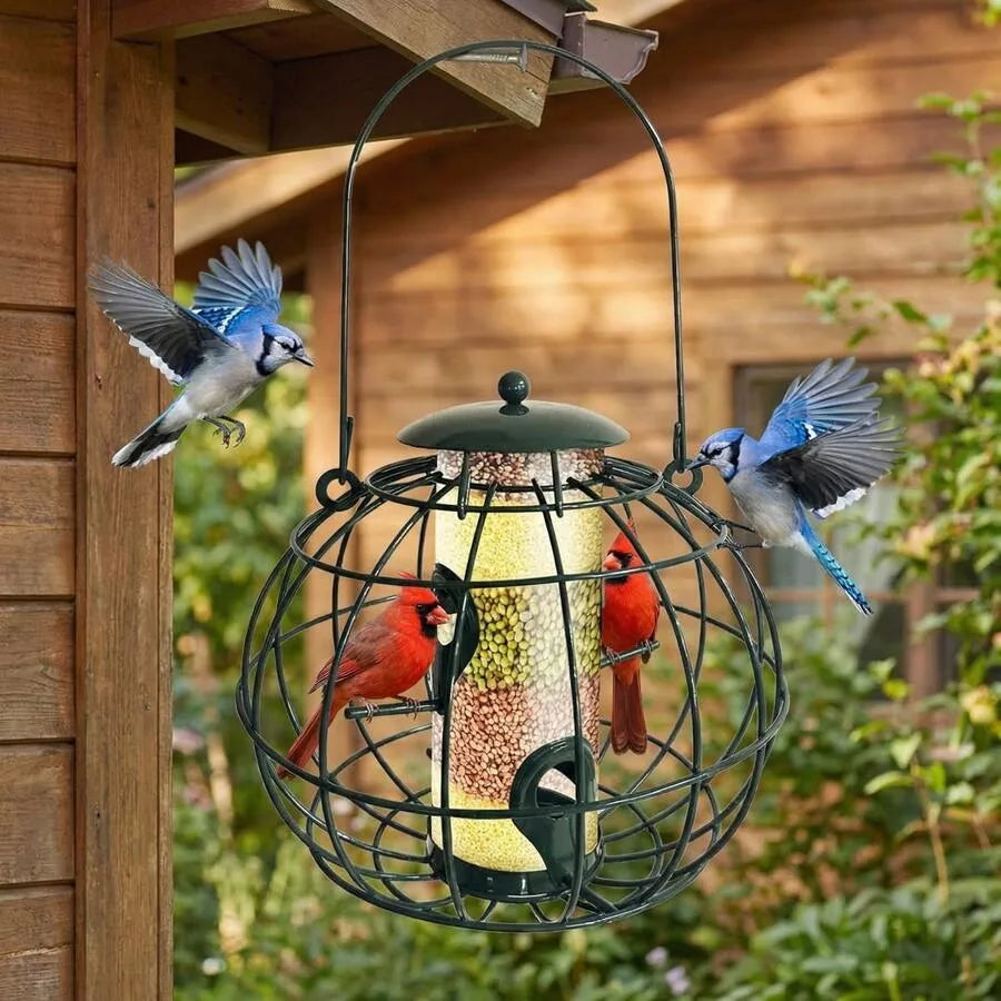 【New Arrival】Squirrel-Proof Wild Bird Feeder, Hanging Metal Cage Seed Feeder with Clear Tube, Outdoor Garden Bird Feeder for Finches, Sparrows