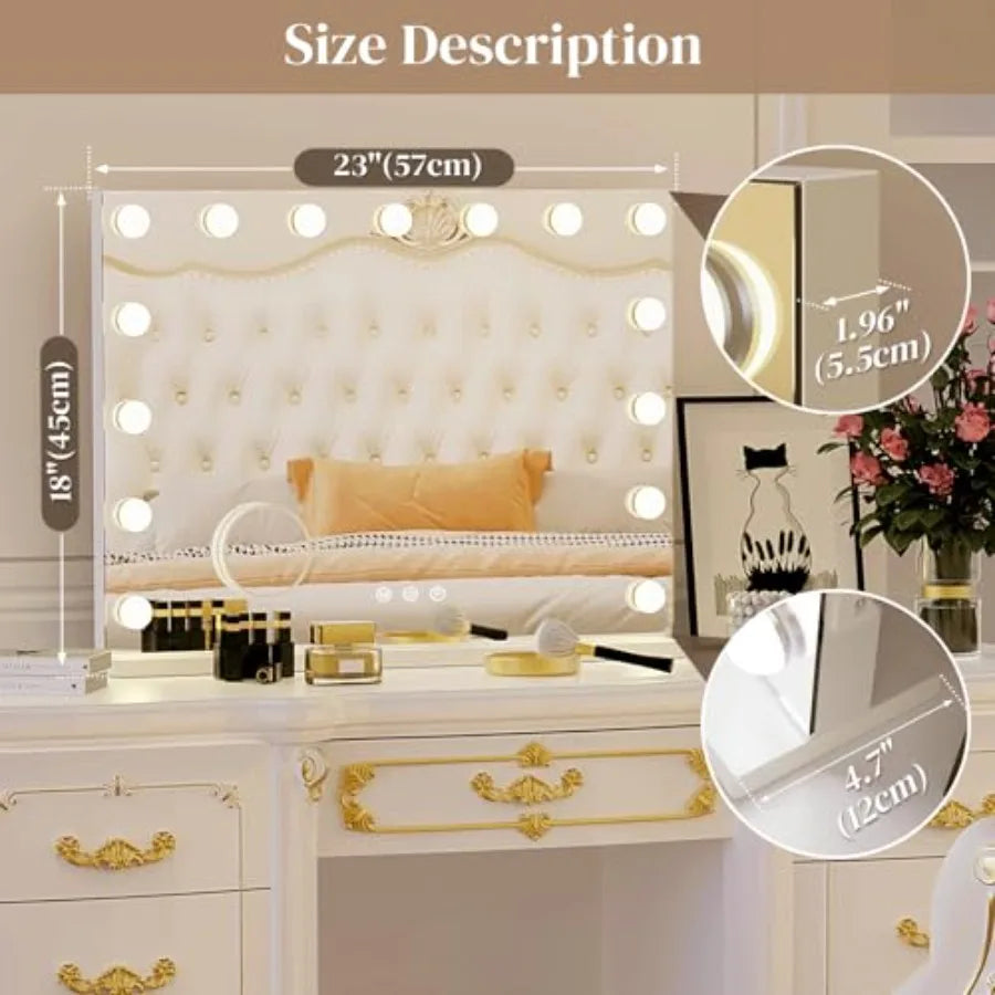 Hollywood Vanity Mirror 15 Led Bulbs 3 Color Lights Beautiful Make Up Lighted Mirror Aluminum Metal Frame 23" x 18"