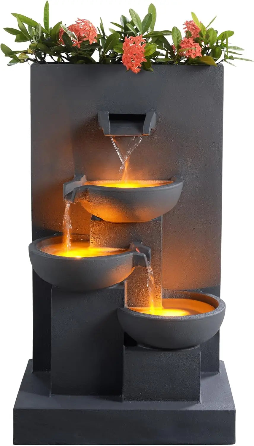 29.13" 3-Tier Cascading Outdoor Water Fountain with Planter, LED Lights for Outdoor Living Spaces, Matte Gray