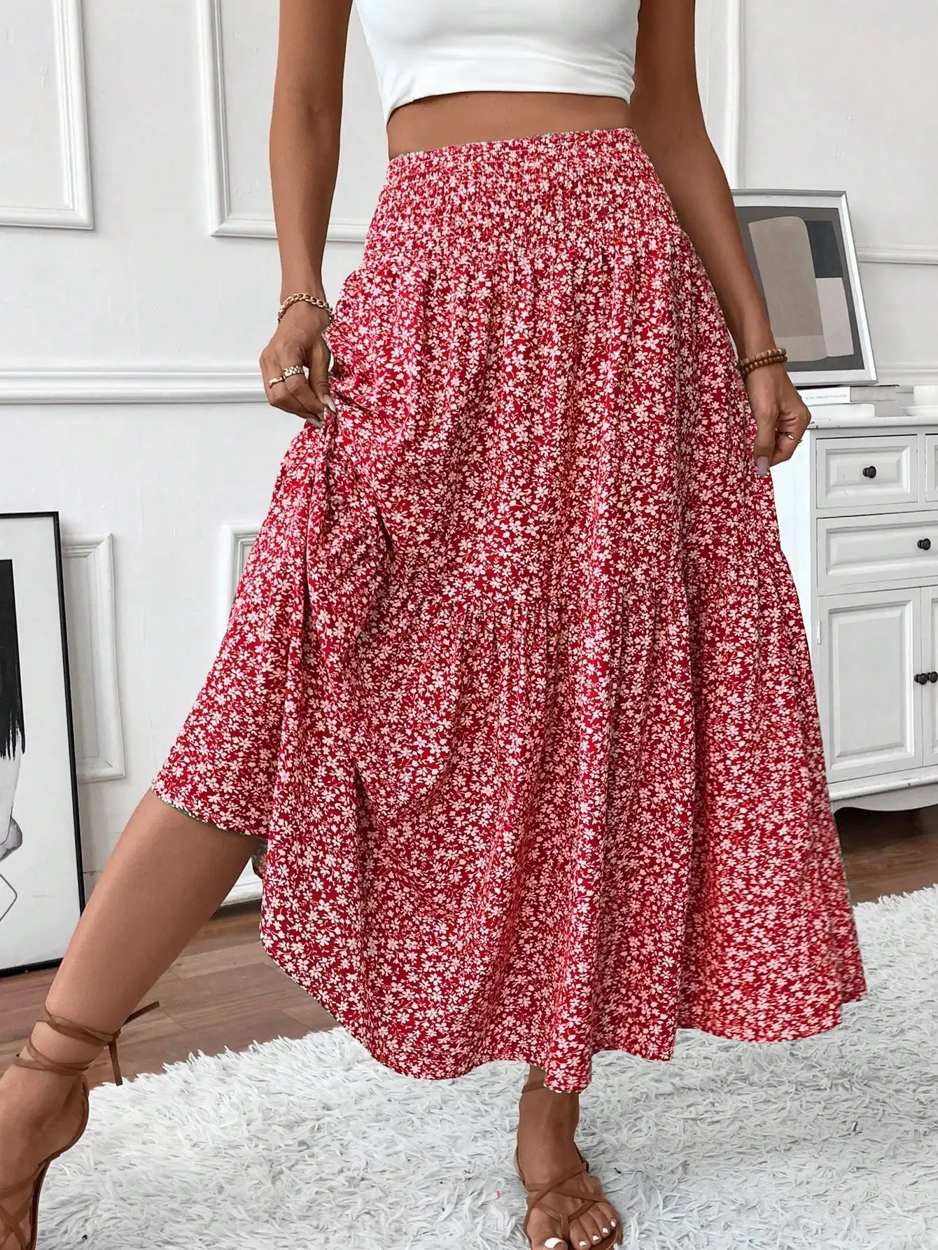 Womens Ditsy Floral A-Line Skirt With Pockets Elastic Waist Ruffle Hem