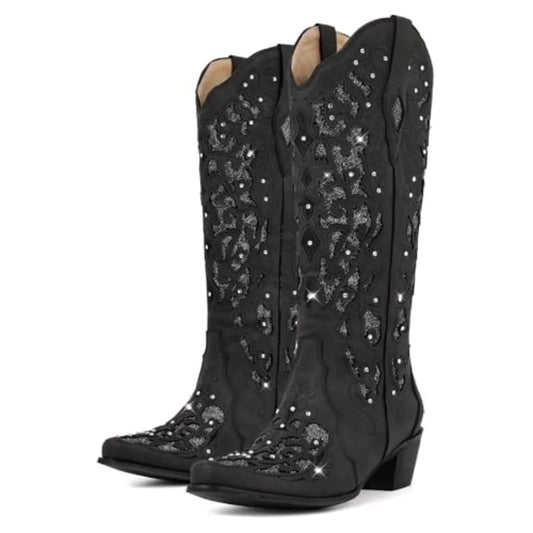 Western Mid Calf Cowboy Cowgirl Boots Sparkly Rhinestone Bling Cowboy Boots for Women