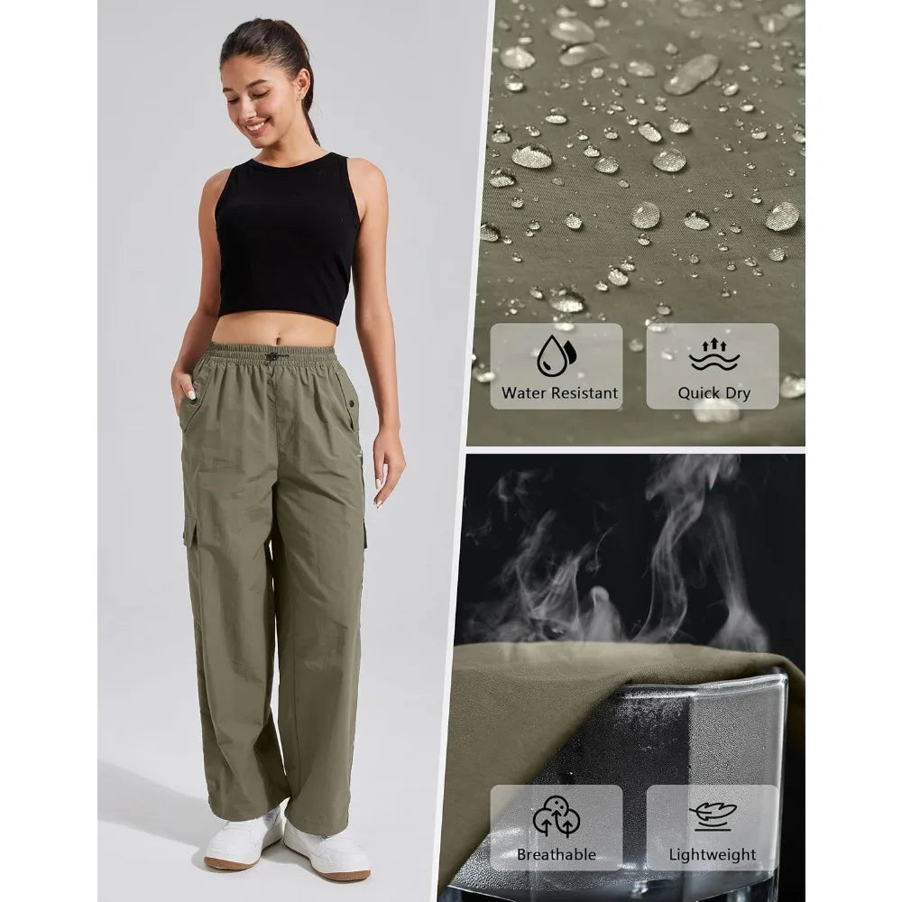 Pioneer Camp Womens Parachute Cargo Pants with Pockets Baggy High Waisted Quick Dry Hiking Pants Lightweight Wide Leg