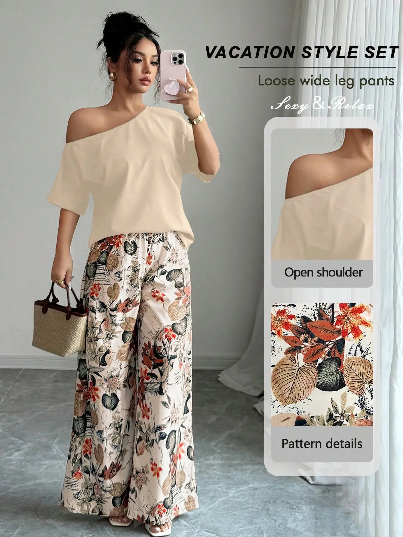 Vacation Style 2pcs Set Women Asymmetrical Neck Blouse Floral Wide Leg Pants