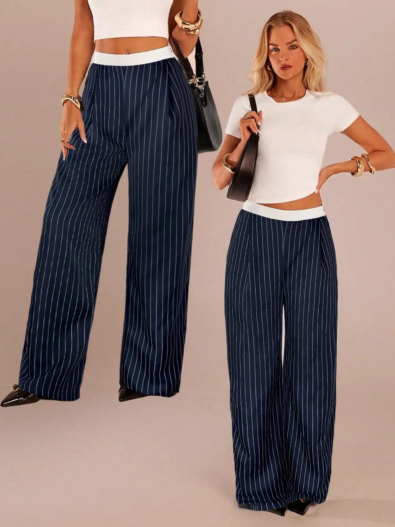 Wide Leg Pinstripe Trousers For Women Casual Office Party