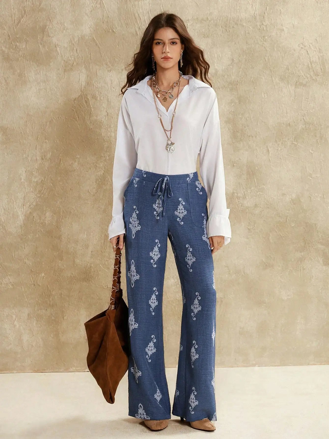 Casual Solid Drawstring Waist Wide Leg Pants For Women