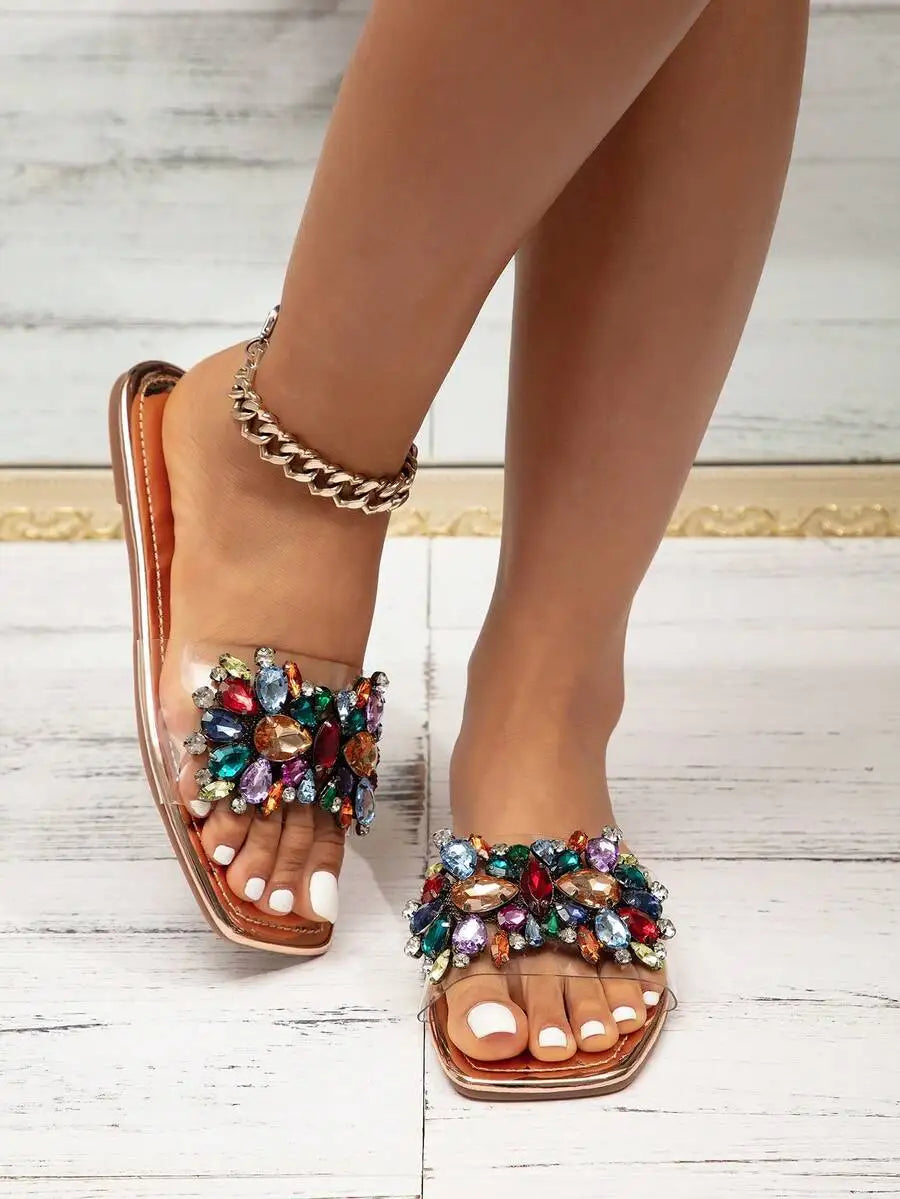 Champagne Rhinestone Boho Flat Sandals, Non-Slip Oversized Beach Casual Slippers for Women