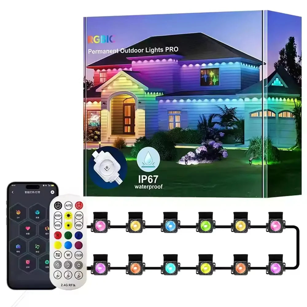 Smart Permanent Outdoor Lights Eaves Lights IP67 Waterproof Light String with App Remote Control Music Sync for House Roof Decor