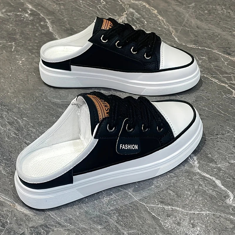 Women Backless Mule Sneakers, Thick Platform Slip On Canvas Slippers, No Lace Half Shoes, Casual Chunky Sole Mules, Non-slip Soft Bottom Daily Walking Shoes, Fashion All-match Lazy Slippers for Summer Daily Outdoor Wear