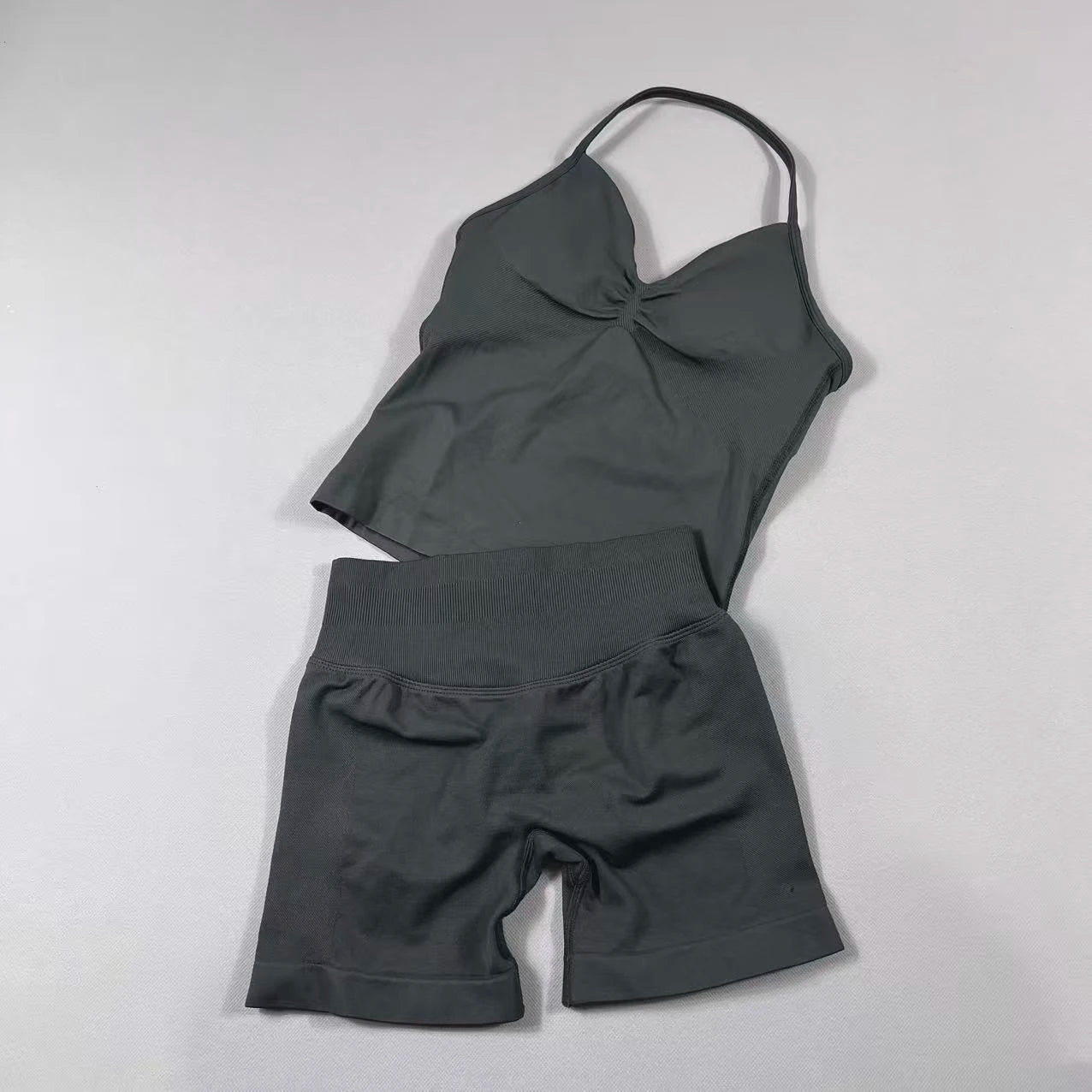 2 Piece UETEEY Sports Set Women Longline Strappy Top Seamless Yoga Tank Scrunch Butt Workout Shorts Suit Gym Sports Sets