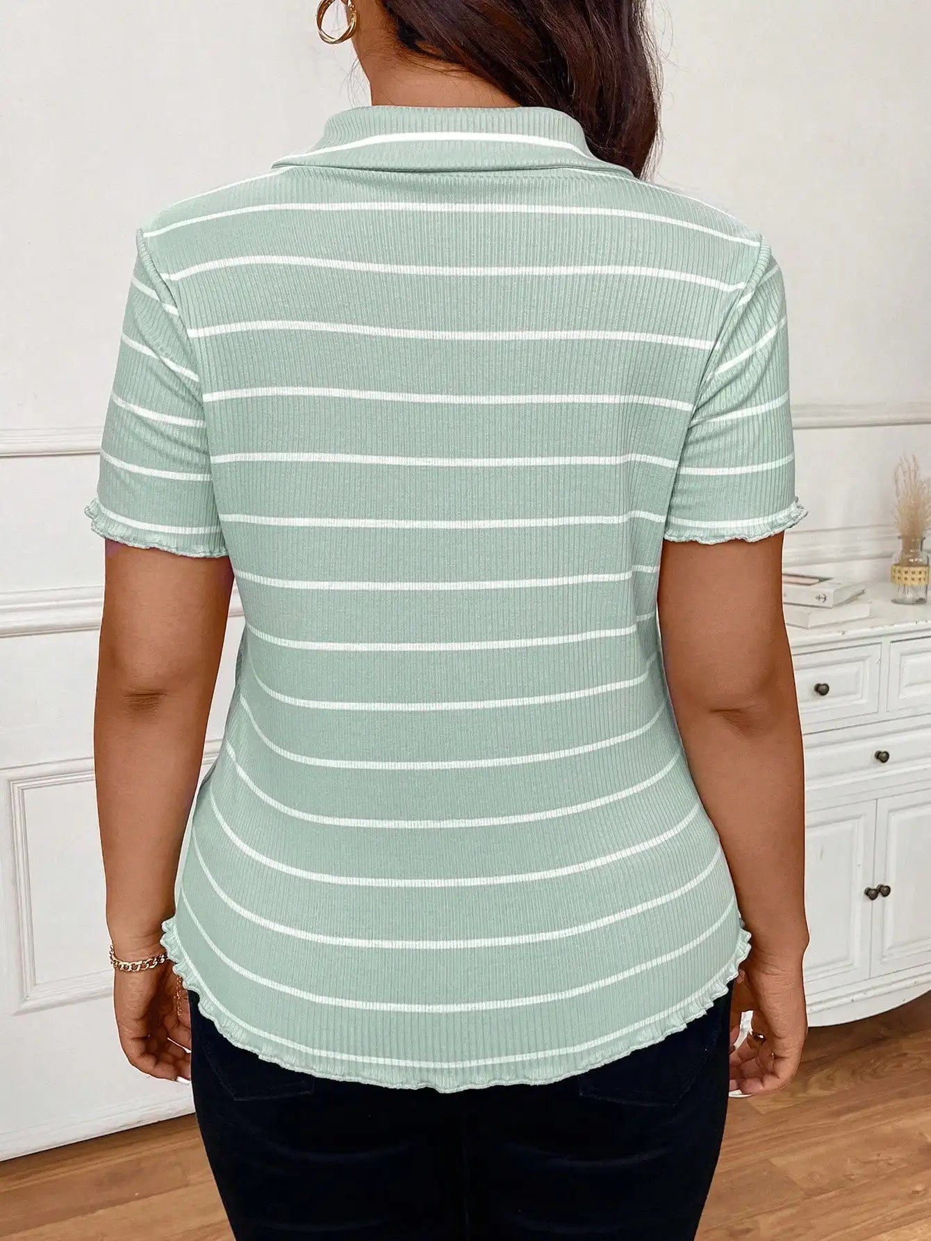 Striped Button Front Polo Shirt Short Sleeve Casual Office Elegant Women's Top