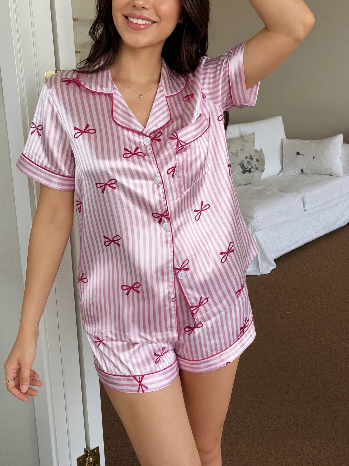 Faux Silk Striped Bow Tie Pajama Set | Lapel Short Sleeve Shorts Women Summer Light Sleepwear