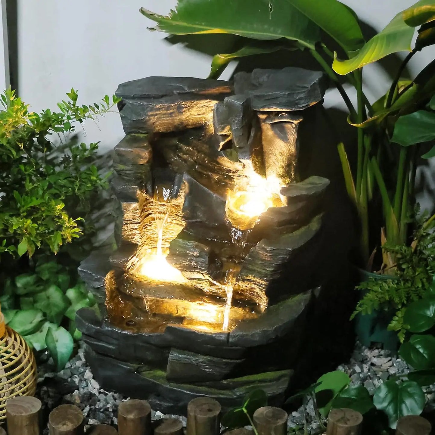 40in 5-Tier Tree Trunk Outdoor Water Fountain LED Garden Patio Backyard Decor, Customized