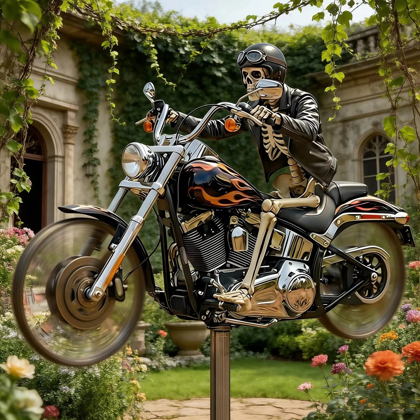 Skeleton Biker Motorcycle Wind Spinner with Rotating Wheel Metal Decorative Pinwheel Windmill for Outdoor Patio Garden Art Decor