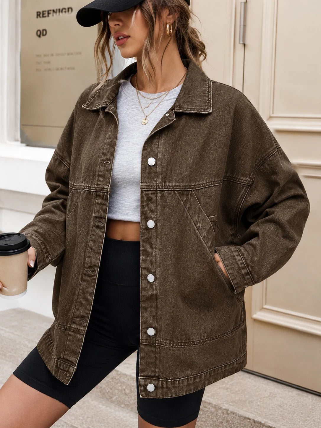 Women's Casual Loose Fit Drop Shoulder Long Sleeve Single-Breasted Denim Jacket, Autumn